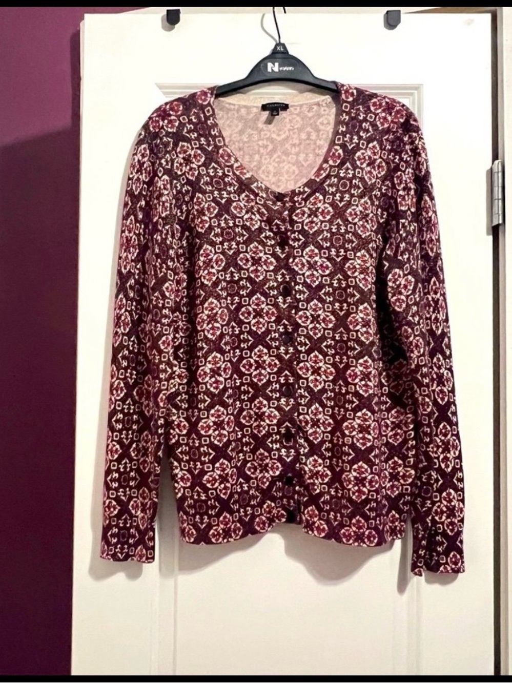Talbots Geometric Print Metallic Shimmer Cardigan Sweater Burgundy 
Size Large